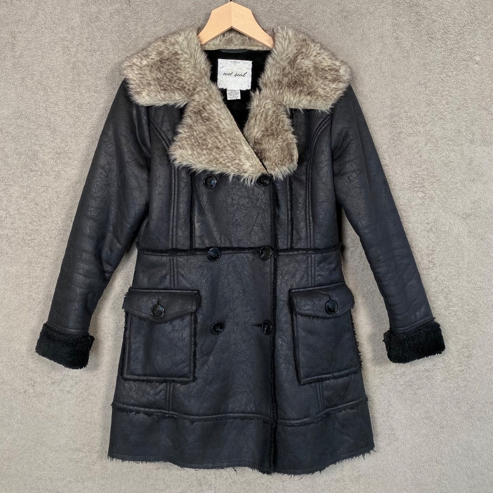 Wet Seal Womens Y2K Faux Fur Trimmed Penny Lane Coat Size M Jacket Vegan Leather